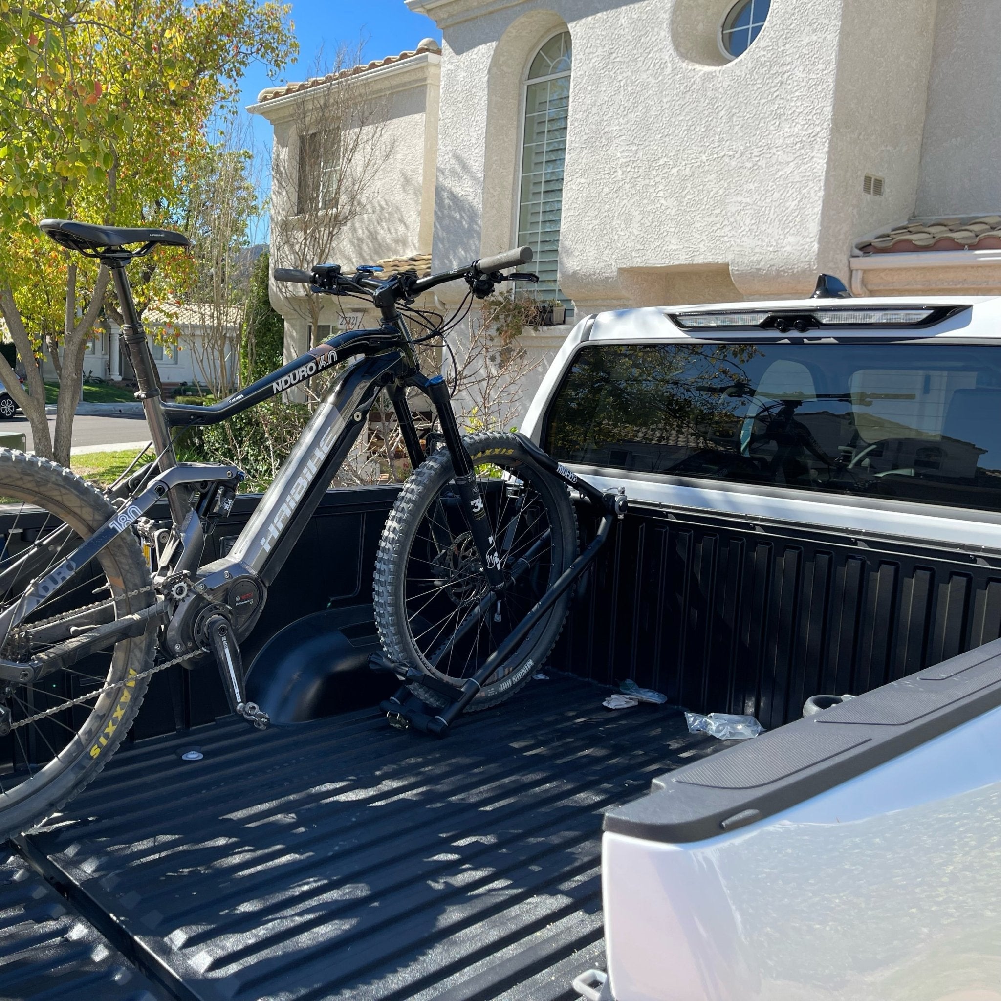 Bike mounted in the bed of a truck using the QR3 Bike Rack for Toyota Tundra.