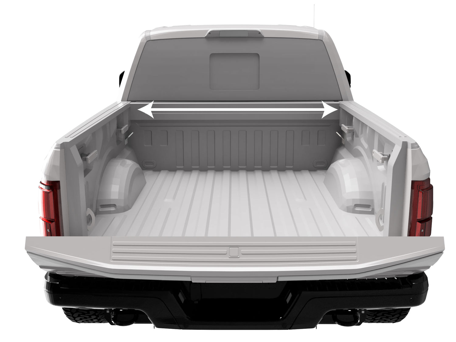 Pickup truck bed with arrows showing where to measure for installing a RIDE88 utility track on the bulkhead.